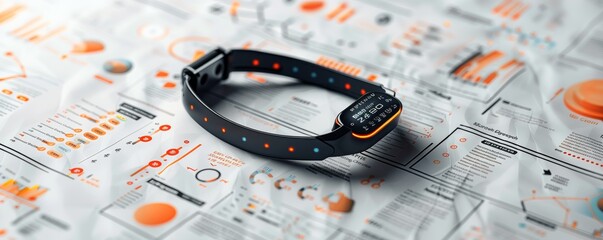 Modern fitness tracker on top of business analytics and infographics showcasing health and productivity data