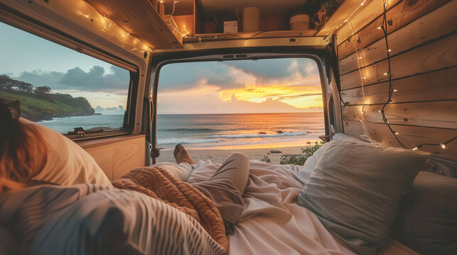 A photograph of a person relaxing in a van, parked by a tranquil beach during a sunset, soft light illuminating the scene. The van interior is cozy with a mix of modern and rustic elements