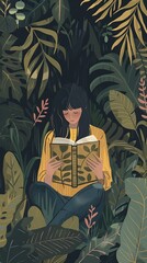 Illustrations of a Young Woman Reading a Book Surrounded by Lush Foliage. Flat cartoon style illustration background. AI generated image