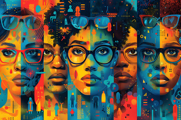 Vibrant illustration featuring diverse individuals wearing glasses, showcasing unity and diversity against a colorful, leafy background.