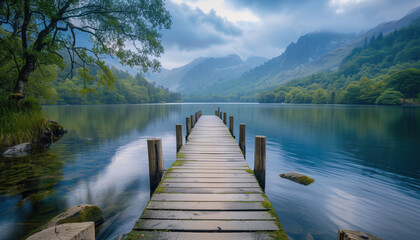 Serene wooden pier stretching out over calm lake with misty mountains in the background. Concepts of tranquility, nature, and outdoor retreats.