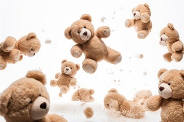 Group of teddy bears playfully floating in mid-air against a white background