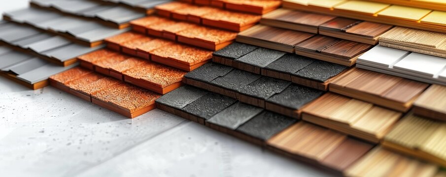Various colored roof shingles neatly arranged in a grid pattern