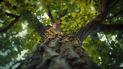 Fototapeta premium Towering Tree Canopy in Verdant Forest Landscape with Lush Foliage and Organic Patterns