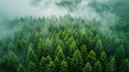 Fototapeta premium Lush Green Forest Covered in Morning Mist Captured From Above During Early Hours. Generative AI