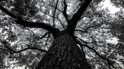 Naklejka premium Towering Tree Canopy Reaching for the Sky Lush Green Foliage and Intricate Branch Structure