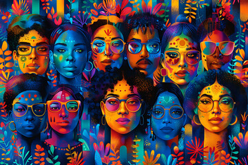Vibrant illustration featuring diverse individuals wearing glasses, showcasing unity and diversity against a colorful, leafy background.