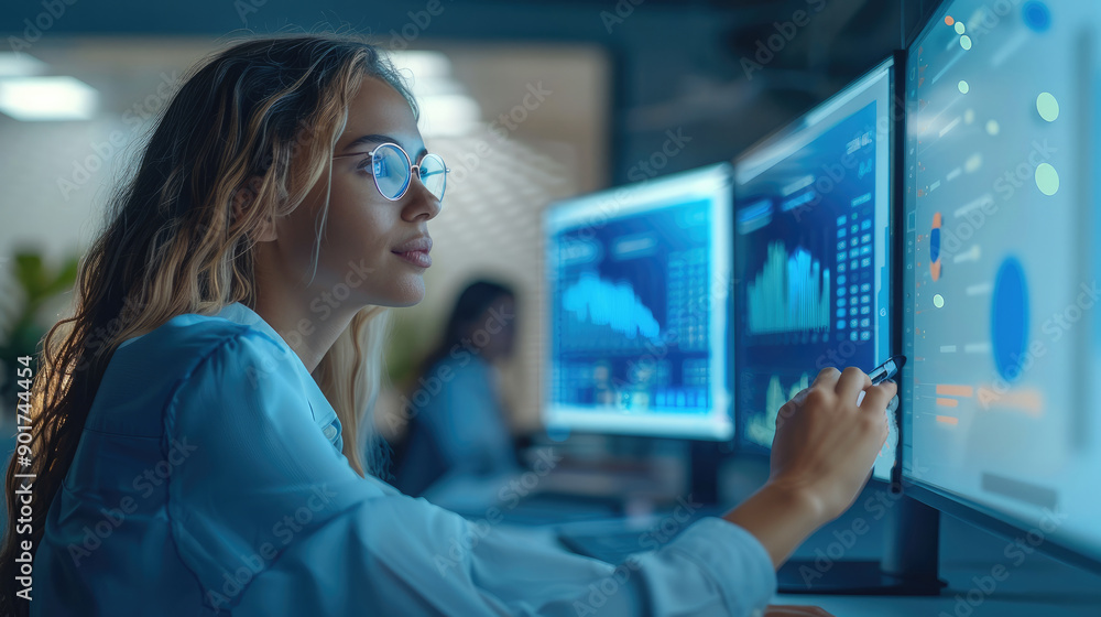 Poster Woman working with analytics charts and tables. Generative AI.