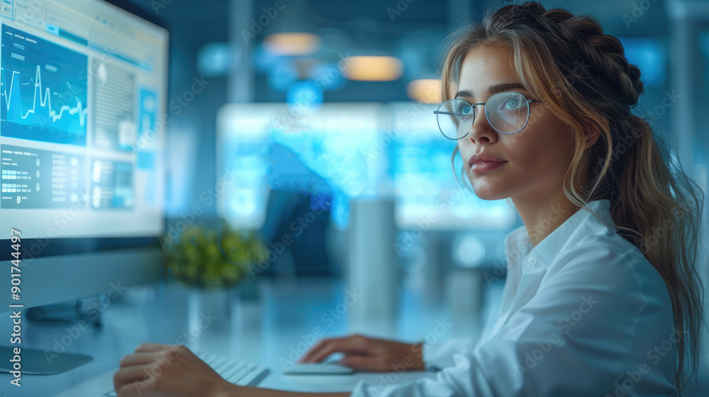 Leinwandbilder Woman working with analytics charts and tables. Generative AI.