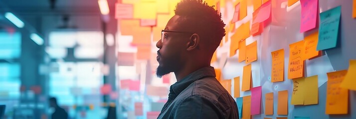 Focused Black Male Reviewing Project Management Notes on Kanban Board
