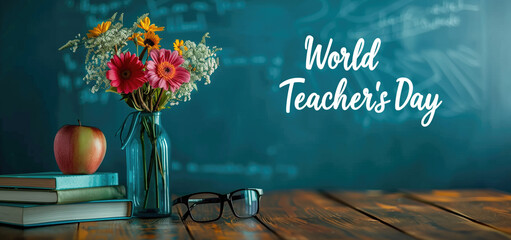 World Teacher's Day greeting card. A vase of bright flowers with books and an apple on a rustic table against a chalkboard background. 