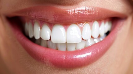 A close-up of a woman's smile with white teeth.