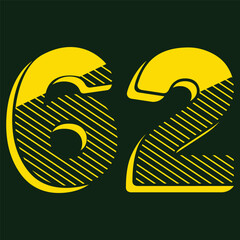 62 Classic Vintage Sport Jersey Uniform numbers in black with a black outside contour line number on white background for American football, Baseball and Basketball or soccer