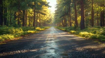 Fototapeta premium A Peaceful Early Morning Stroll Along a Serene Forest Pathway in Spring. Generative AI