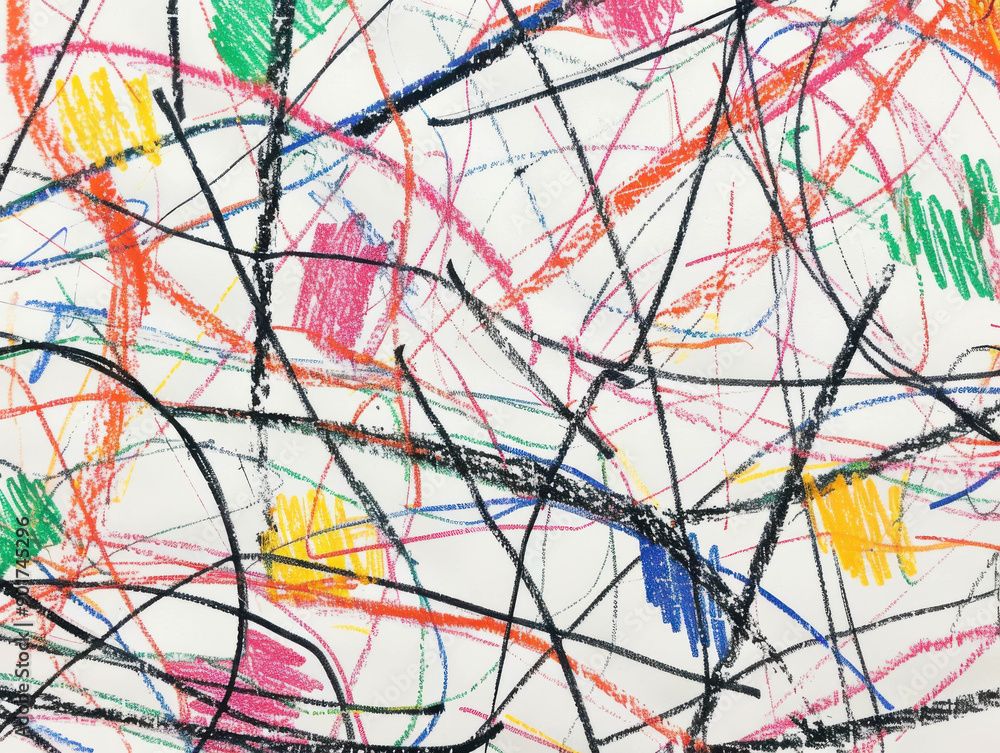 Poster a vibrant abstract drawing made with crayons, featuring a mix of colorful lines and scribbles on a w