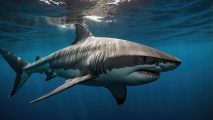 Fototapeta premium Majestic Great White Shark Swimming Gracefully Under Clear Blue Ocean Water