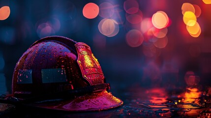 Firefighter helmet with rain droplets at night scene.