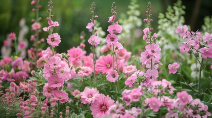 Obraz premium A lush garden filled with a variety of pink flowers in different heights and blooms, showcasing nature's diversity