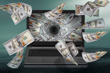 Financial technologies concept. Money wallpaper background with US dollar bills tornado, whirlwind...