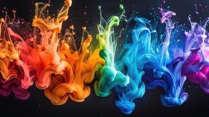Colorful acrylic ink swirling in isolated splashes against a black backdrop, creating a striking and artistic visual