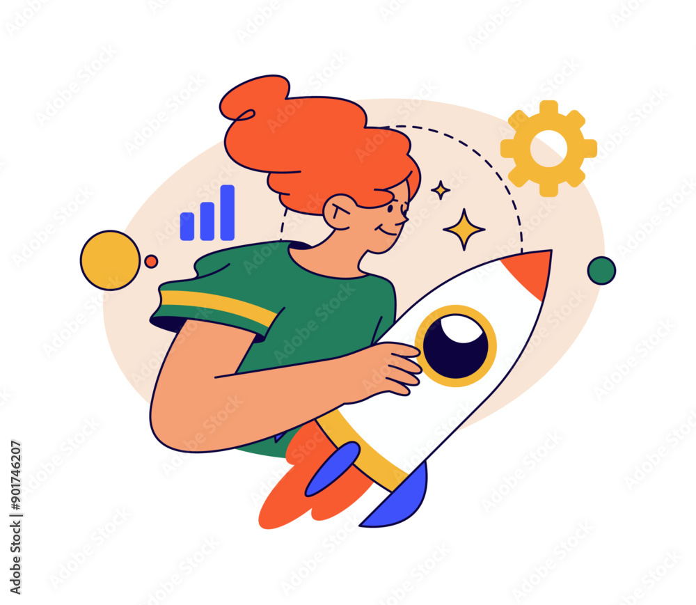 Poster business startup and development of innovative ideas. vector flat female cartoon character starting 