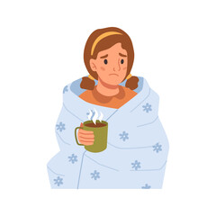 Girl with fever in blanket drinking hot drink, seasonal flu and illness diseases treatment, cold flu symptoms. Vector sick child with cup of streaming medical beverage, medicine from virus influenza