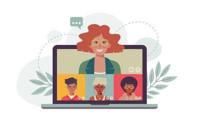 team colleagues video call, meeting zoom. People connecting together, learning or meeting online with teleconference. Vector illustration on a white background.