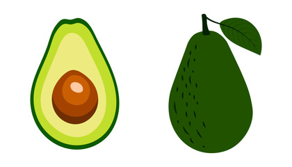 Avocado whole and half isolated on white background. Vector flat illustration.