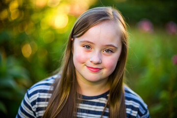 Fototapeta premium Pretty young woman with special needs in a summer park outdoors. Portrait of happy mentally disabled female with down syndrome smilling