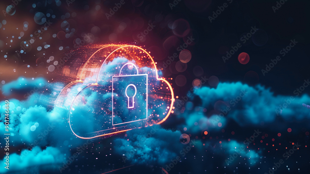 Aufkleber glowing cloud icon with keyhole in a dark misty background conveying secure cloud storage. concepts 