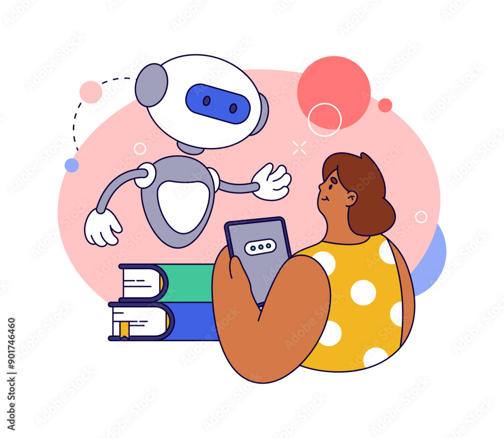 Aufkleber Virtual assistant helping student to study and complete home assignment. Vector flat chatbot generating responses or answer, artificial intelligence application or software