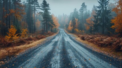 Fototapeta premium Serene Autumn Landscape Featuring a Gravel Road Surrounded by Colorful Trees at Dusk. Generative AI