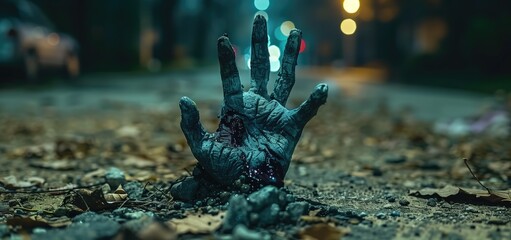 Creepy zombie hand emerging from the ground on a dimly lit street at night. Concepts of horror, Halloween, and supernatural phenomena.