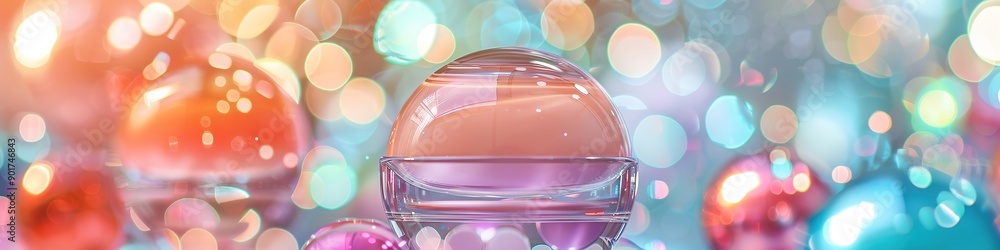 Poster shiny orbs floating over gradient, bokeh background