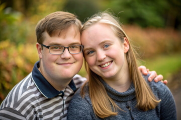 Pretty young couple with special needs in summer park outdoors. Portrait of happy friends with mentally disabled with down syndrome smilling