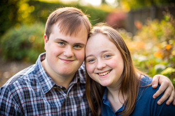Fototapeta premium Pretty young couple with special needs in summer park outdoors. Portrait of happy friends with mentally disabled with down syndrome smilling