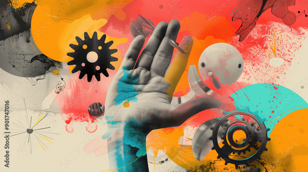 Poster collage of artistic hand amidst vibrant abstract shapes and gears, creating a surreal and imaginativ