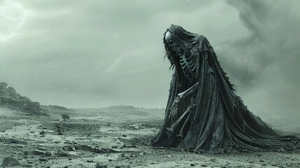 Cloak-wrapped skeleton with exposed spine and skull, wandering in a desolate wasteland, chilling and macabre atmosphere, skull cloak spine