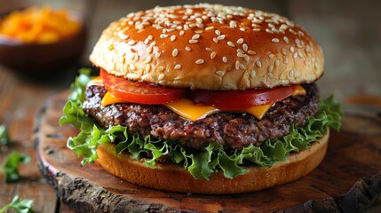 Delicious cheeseburger with lettuce and tomato sitting on a rustic wooden table