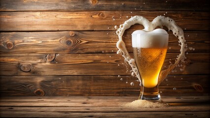 Heart shaped foamy beer splash on a rustic wooden table Low Angle, party, celebration, drink, craft beer, liquid, wooden table, bubbles, brewery, bar, splash, foam, refreshing, beverage