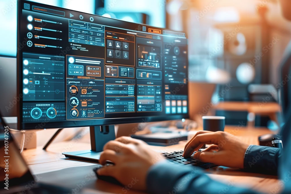 Poster person using futuristic interface for game design