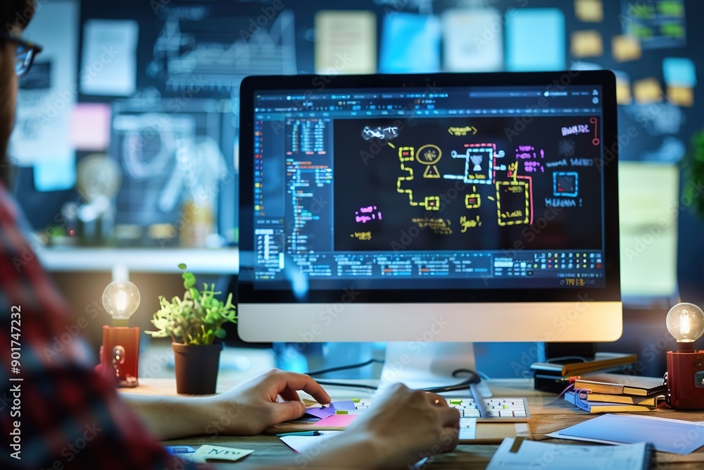 Poster man working on game design on computer screen in creative office