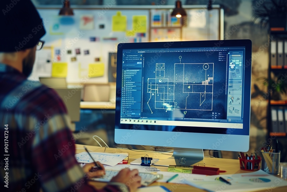 Poster designer working on blueprint with cad software at night