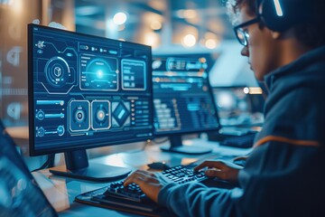 Man working on advanced tech interface with glowing screens