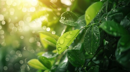 Green leaves with water droplets in sunlight