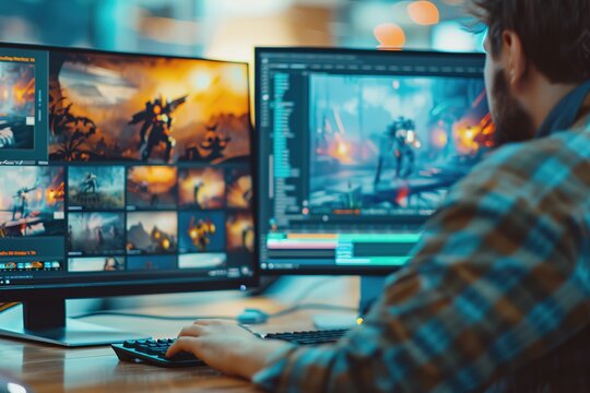 Male game designer working on battle scenes with multiple monito