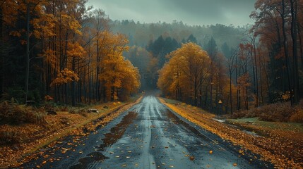 Autumn Rain Showers on a Serene Country Road Surrounded by Golden Trees. Generative AI