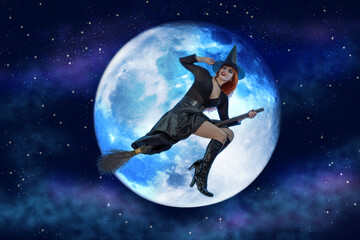 Halloween Witch flying on a broomstick. Female wizard fairy character for All Saints' Day. Fantasy gothic red-haired sorceress girl dressed in black carnival costume