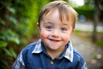 Pretty little child with special needs in a summer park outdoors. Portrait of happy boy with down syndrome having fun and laugh.