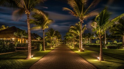 Illuminated Tropical Pathway Under Night Sky with Palms